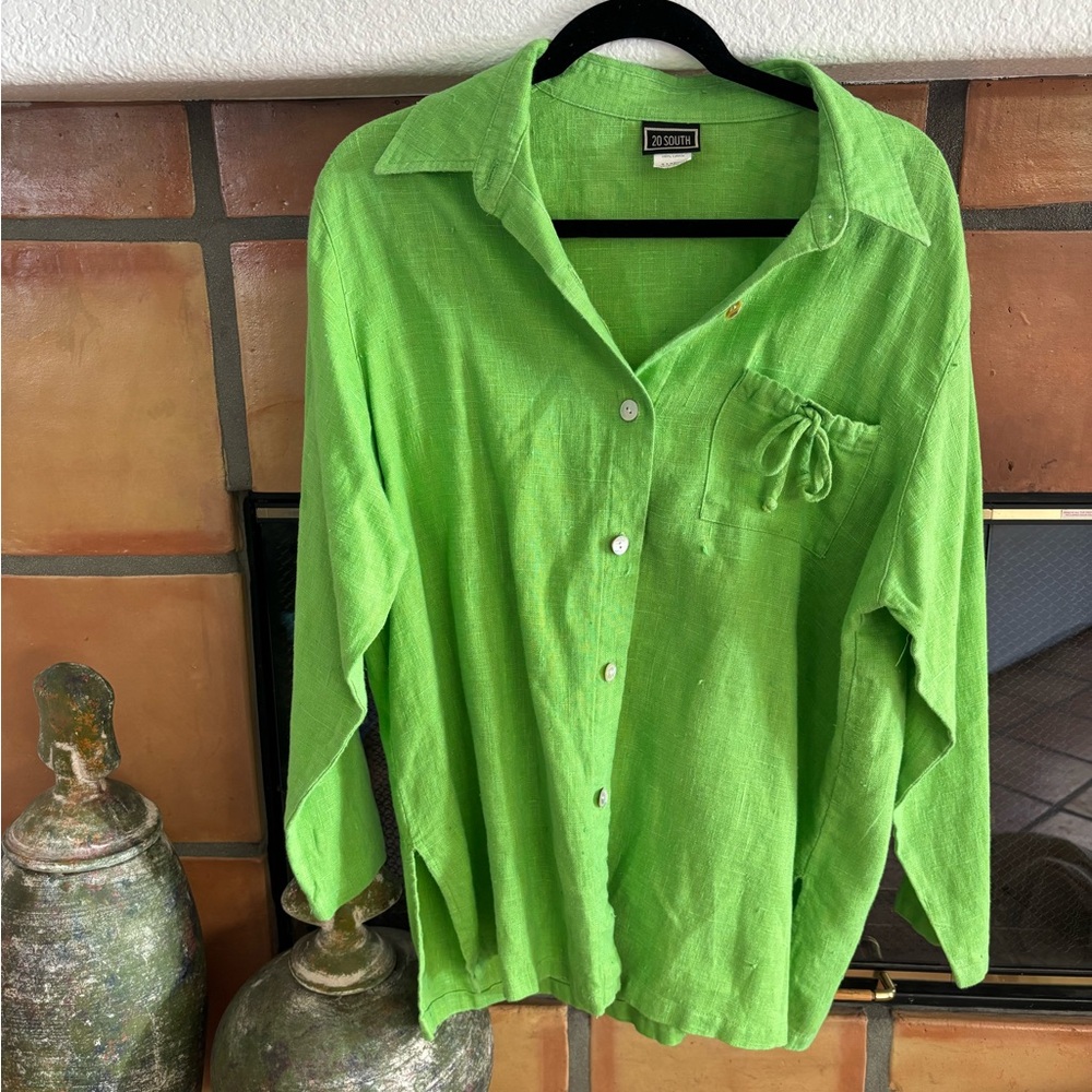 100% linen Bright Lime Green Button-Up Shirt - 2B SOUTH size XL